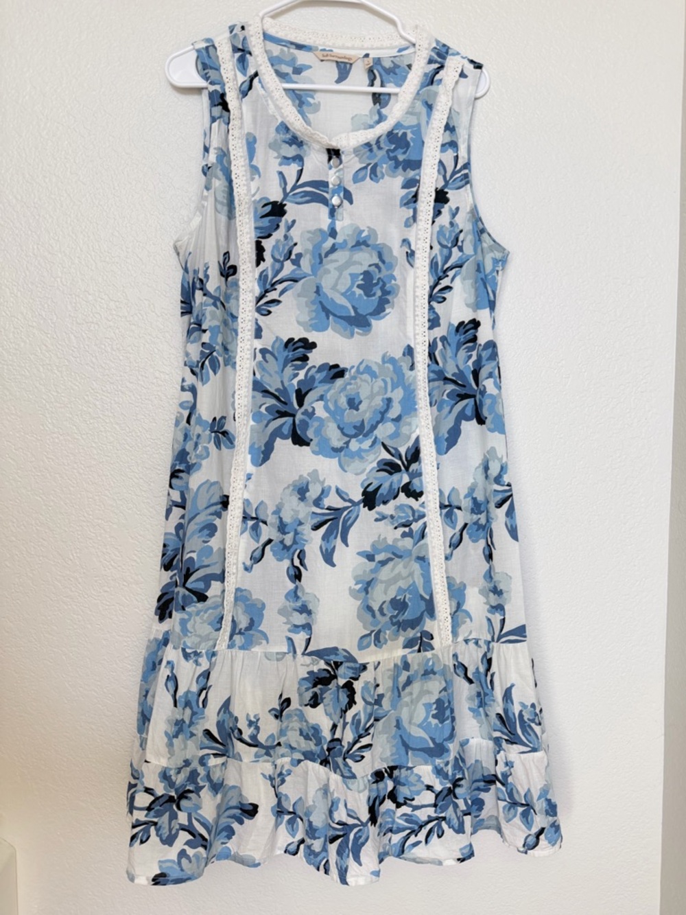 Soft Surroundings Blue White Floral 100% Cotton Sleeveless Dress Lace Trim Large
